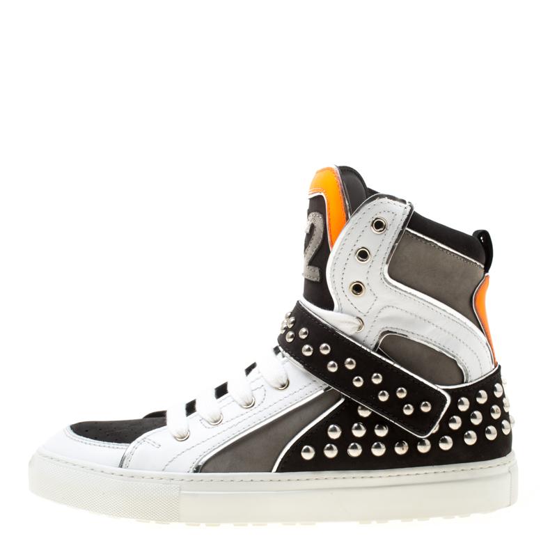 Dsquared2 Tricolor Leather And Suede Studded High Top Sneakers Size 42 In New Condition In Dubai, Al Qouz 2
