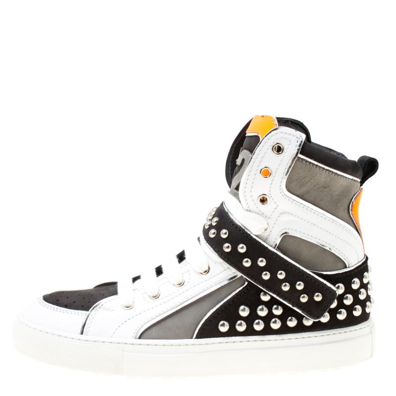 Gray Dsquared2 Tricolor Suede And Leather Studded High Top Sneakers Size 41.5