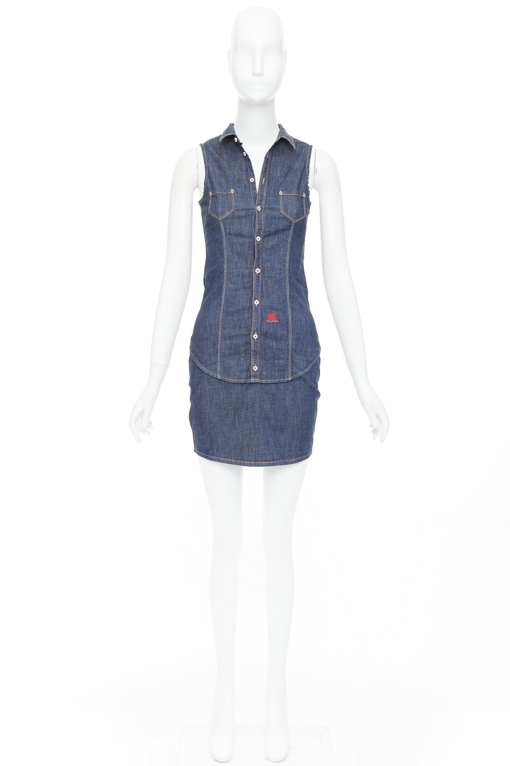 Dsquared2 Robe vintage en coton bleu denim rouge avec logo sur le devant et fermeture éclair IT40 S en vente 4