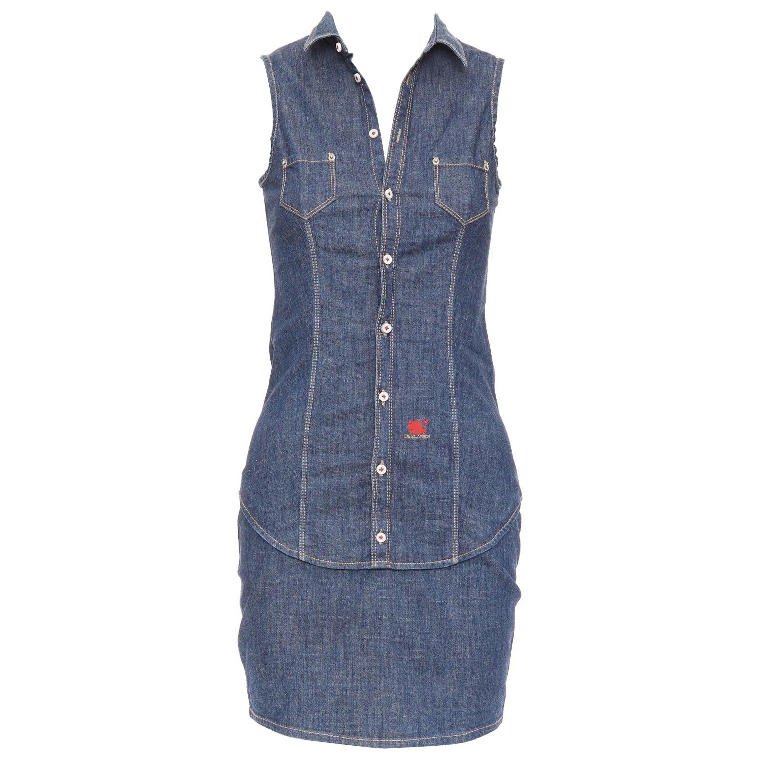 DSQUARED2 Vintage blue cotton denim red logo zip front dress IT40 S