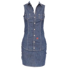DSQUARED2 Vintage blue cotton denim red logo zip front dress IT40 S
