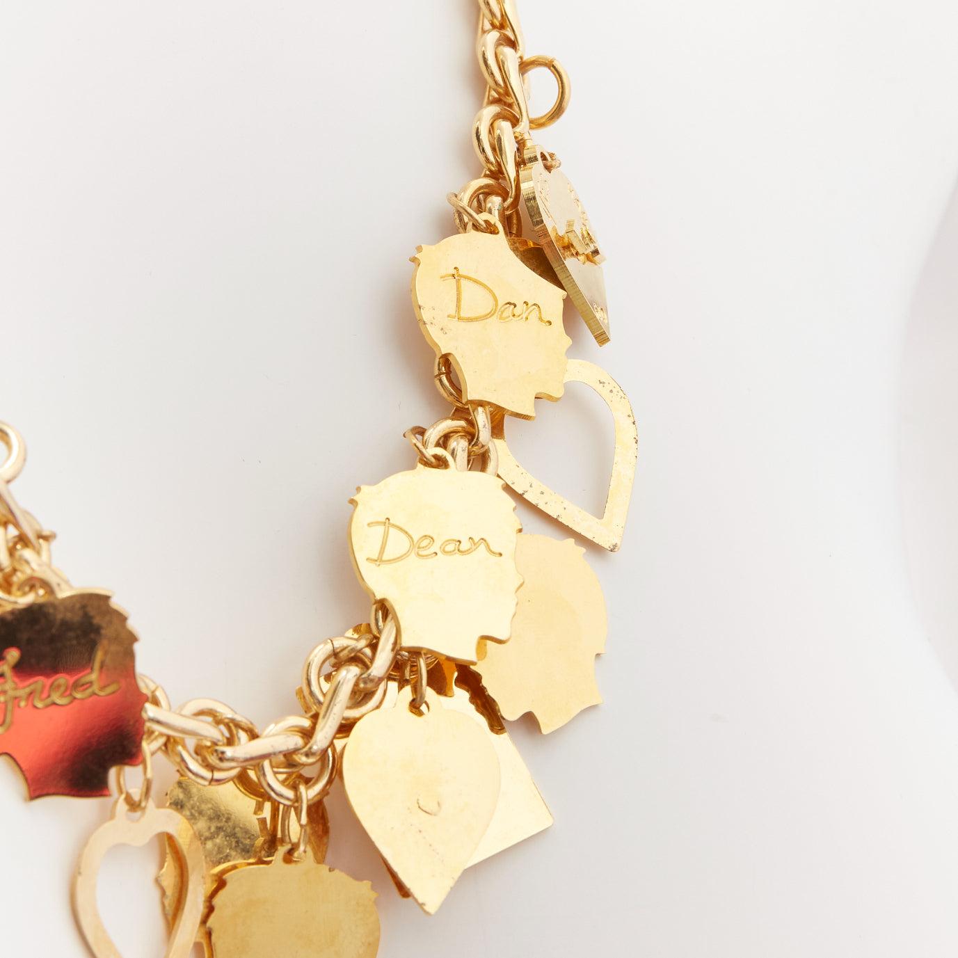 DSQUARED2 Vintage gold-tone Etched Boys Names heart breaker charms princess necklace
Reference: ANWU/A01080
Brand: Dsquared2
Material: Metal
Color: Gold
Pattern: Solid
Closure: Pullover
Lining: Gold Metal
Extra Details: D2 logo at heart charm. Boys