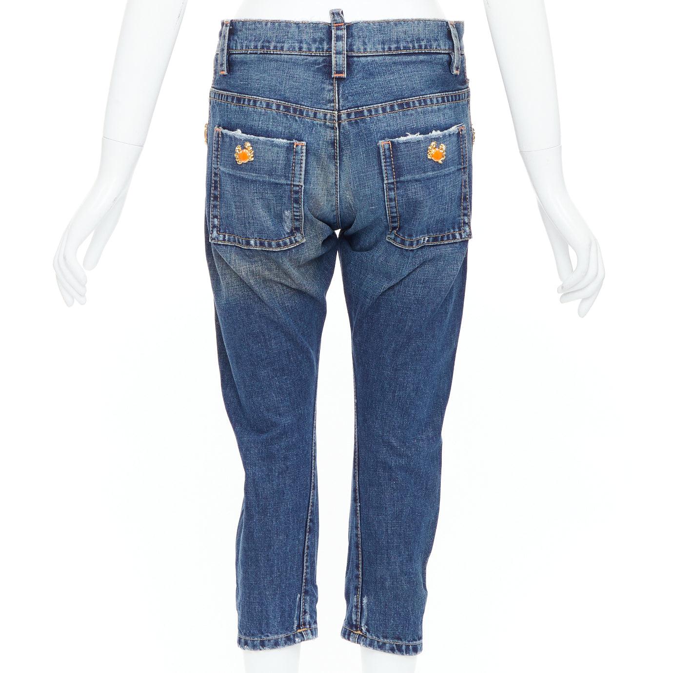 Donna DSQUARED2 Jeans vintage con logo del granchio arancione in denim blu IT38 XS in vendita