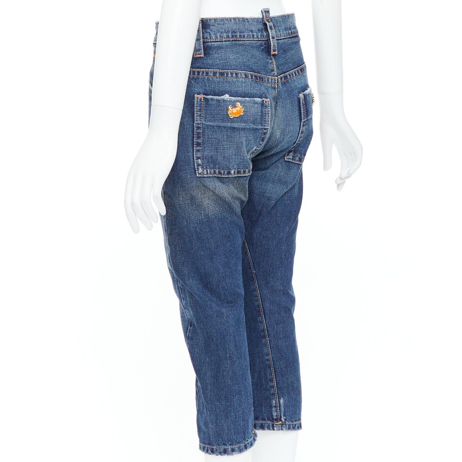 DSQUARED2 Jeans vintage con logo del granchio arancione in denim blu IT38 XS in vendita 1