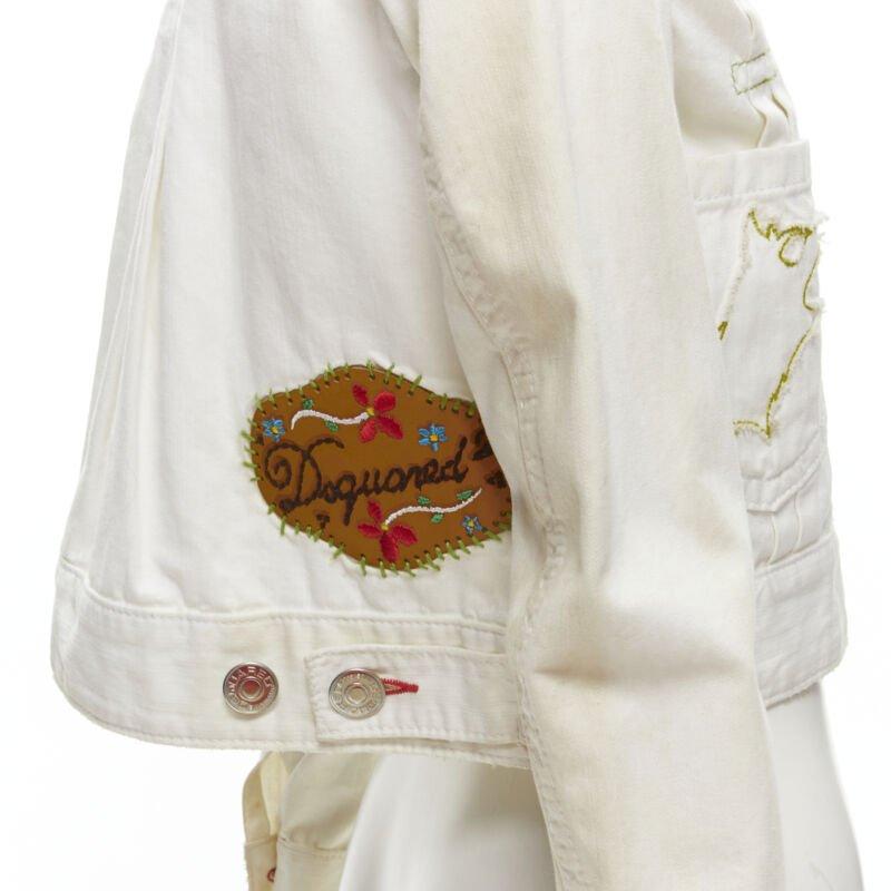 DSQUARED2 Vintage white tent embroidery leather collar denim jacket IT38 XS 5