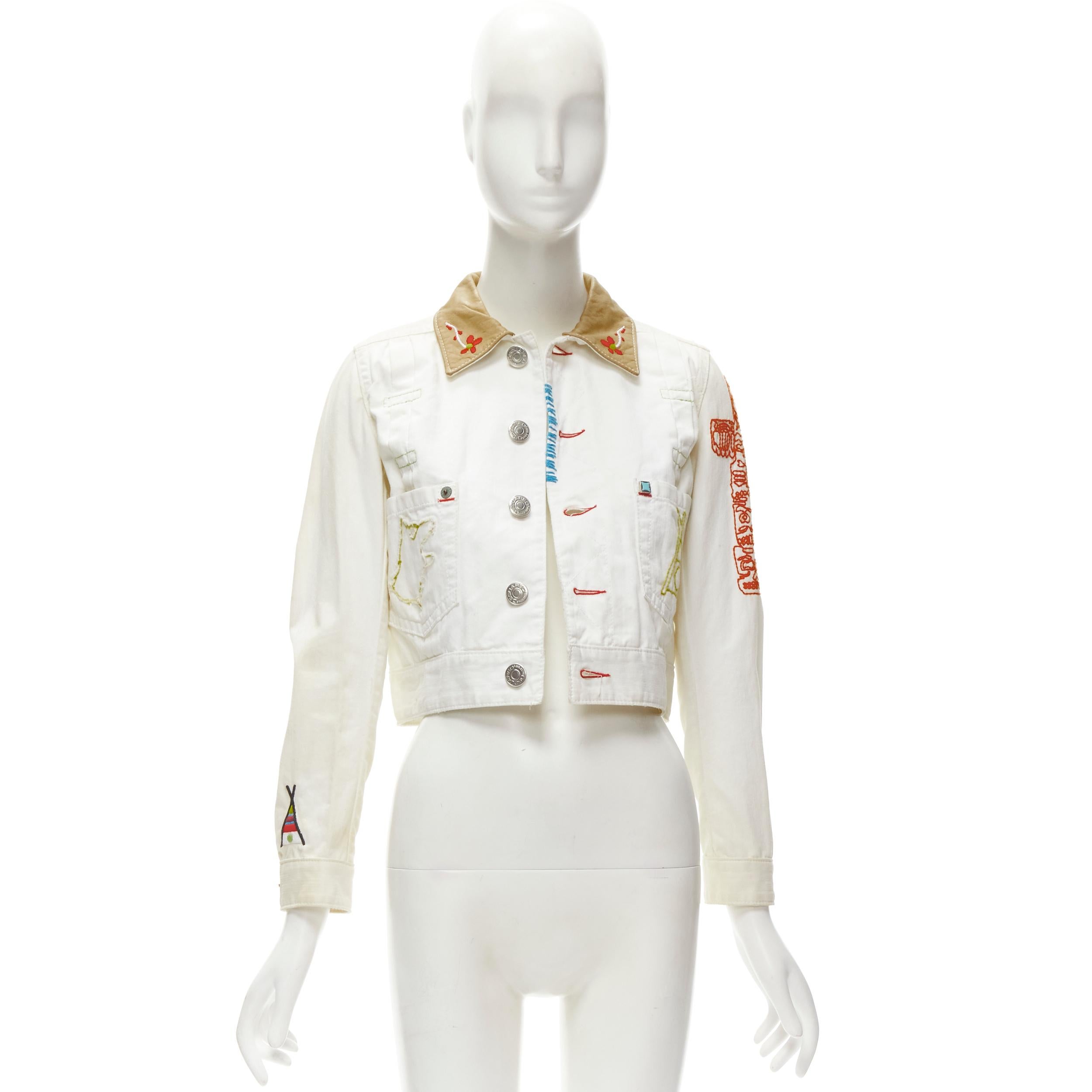 DSQUARED2 Vintage white tent embroidery leather collar denim jacket IT38 XS For Sale 7