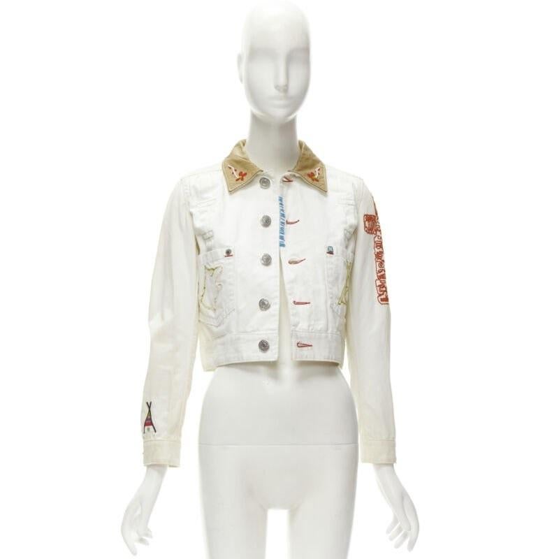 DSQUARED2 Vintage white tent embroidery leather collar denim jacket IT38 XS 7