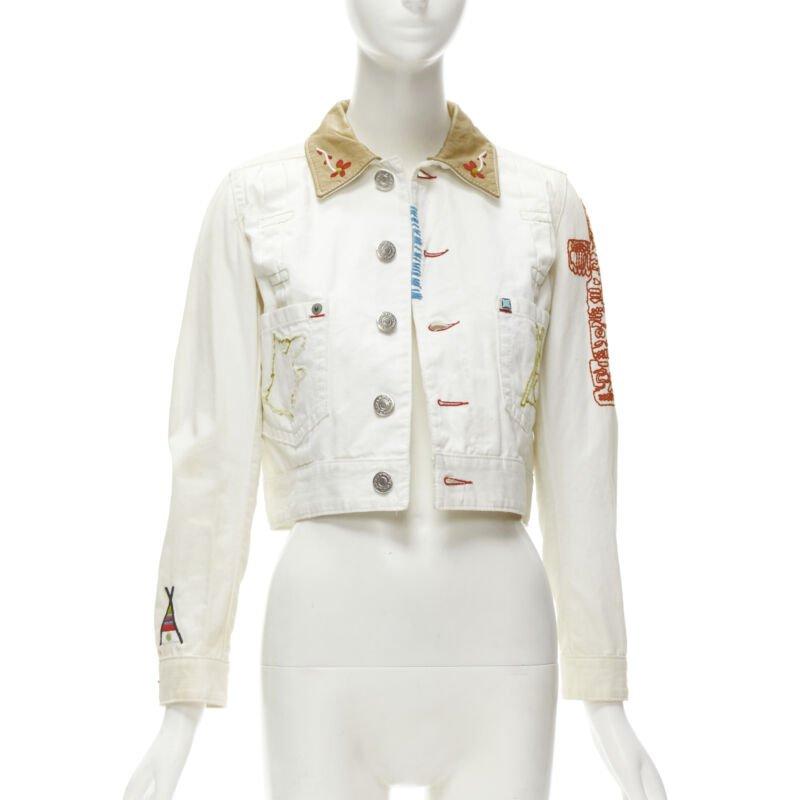 White DSQUARED2 Vintage white tent embroidery leather collar denim jacket IT38 XS