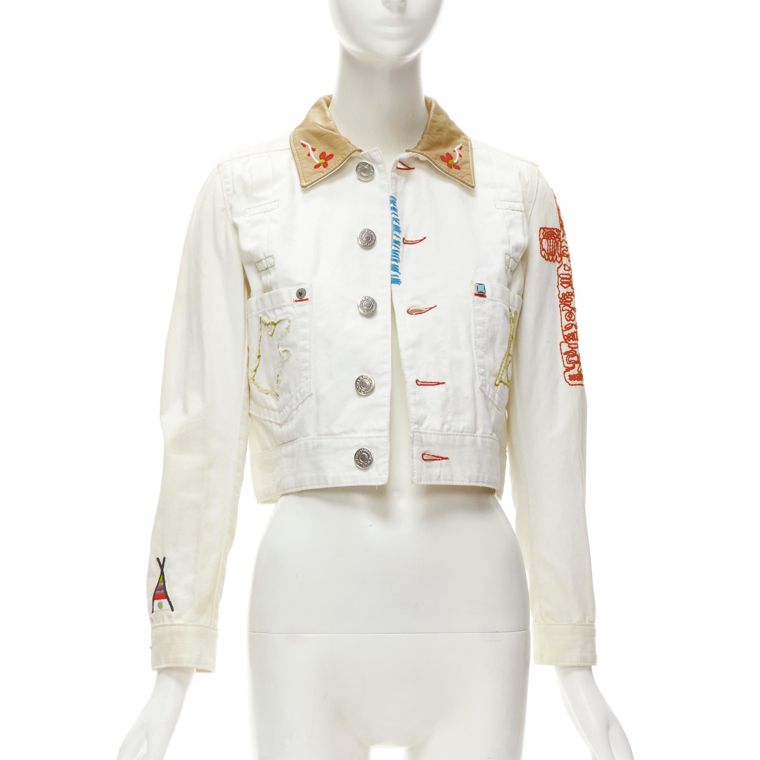 White DSQUARED2 Vintage white tent embroidery leather collar denim jacket IT38 XS For Sale