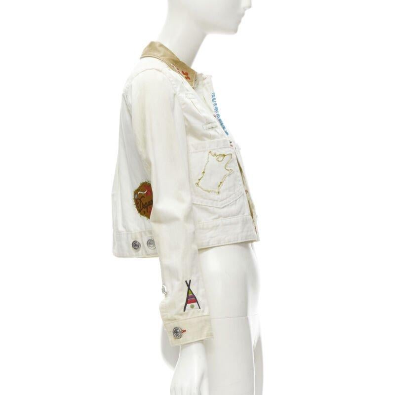 Women's DSQUARED2 Vintage white tent embroidery leather collar denim jacket IT38 XS