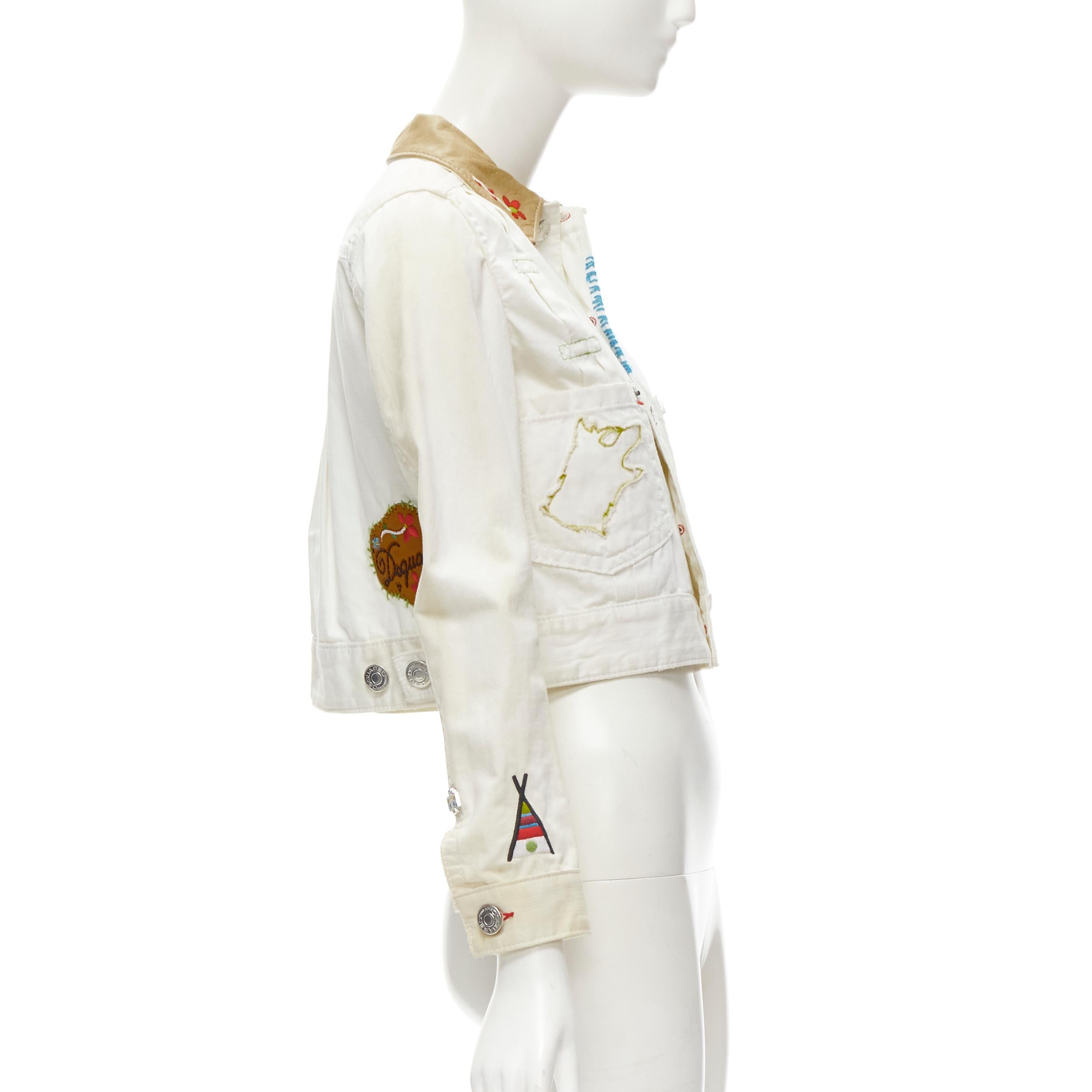 Women's DSQUARED2 Vintage white tent embroidery leather collar denim jacket IT38 XS
