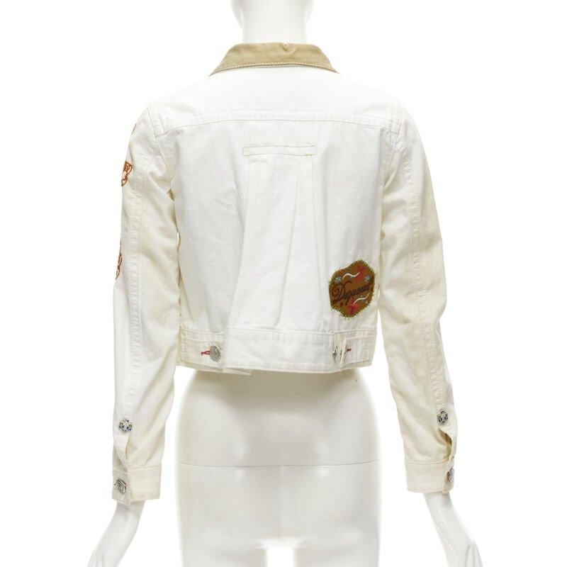DSQUARED2 Vintage white tent embroidery leather collar denim jacket IT38 XS 1