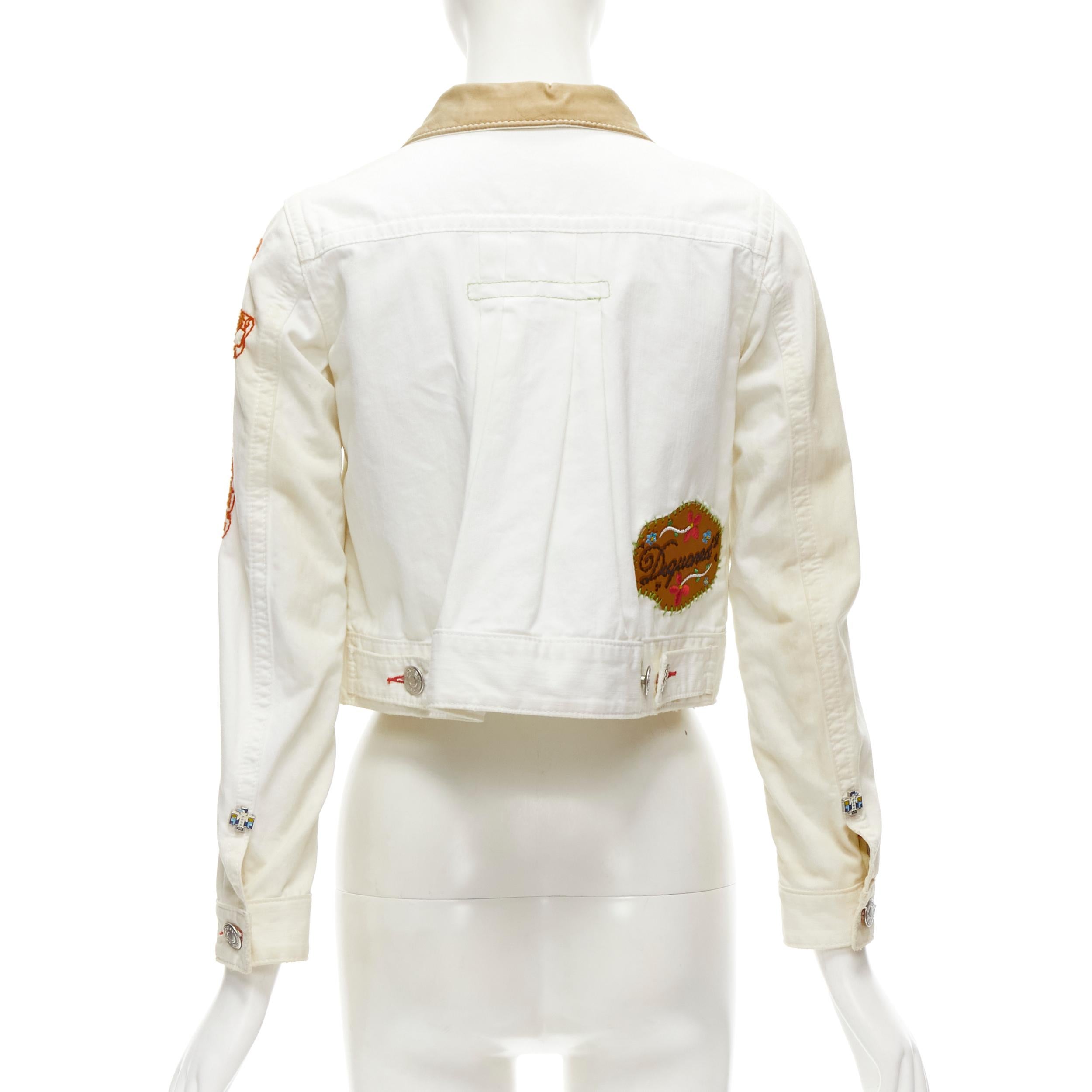 DSQUARED2 Vintage white tent embroidery leather collar denim jacket IT38 XS 1
