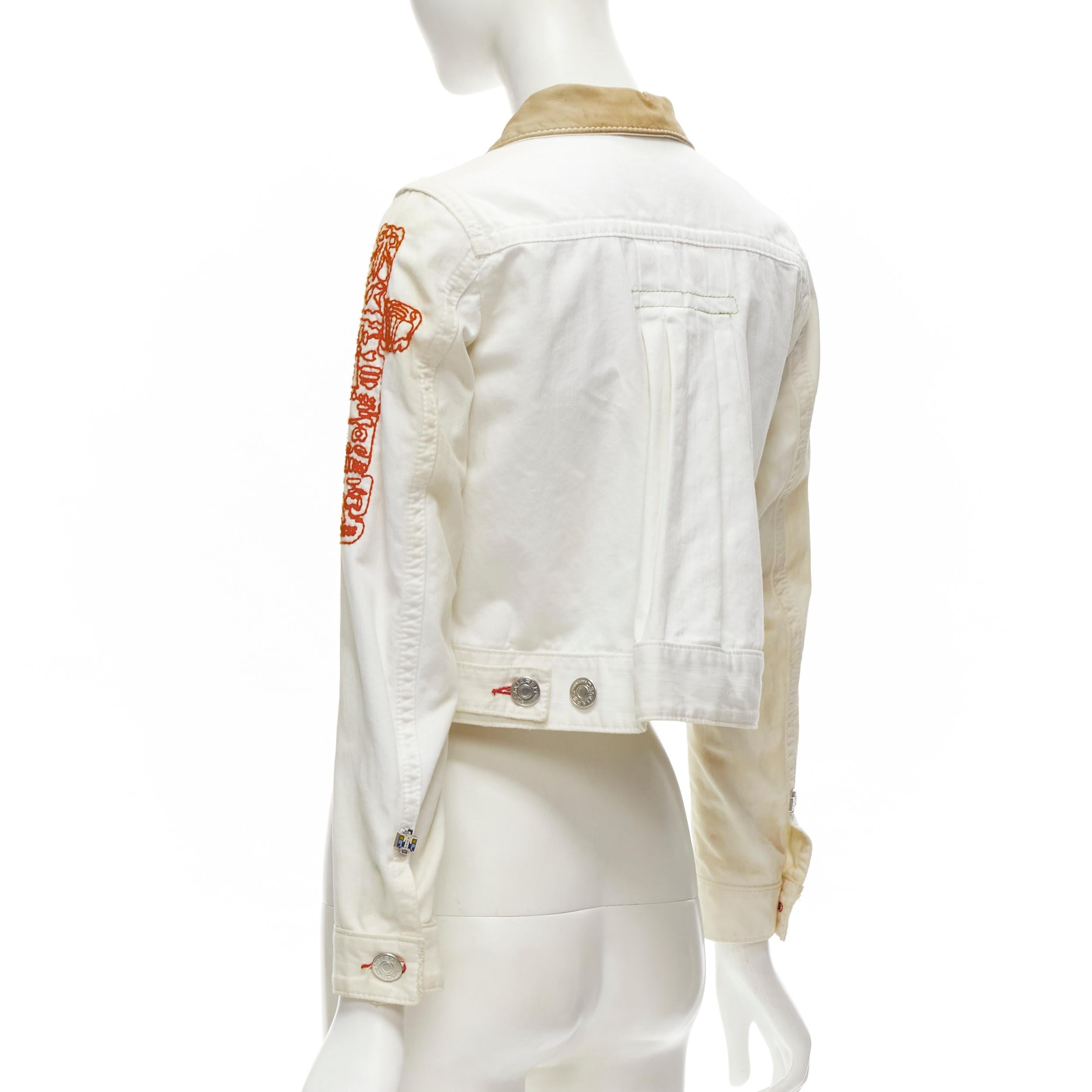DSQUARED2 Vintage white tent embroidery leather collar denim jacket IT38 XS For Sale 2