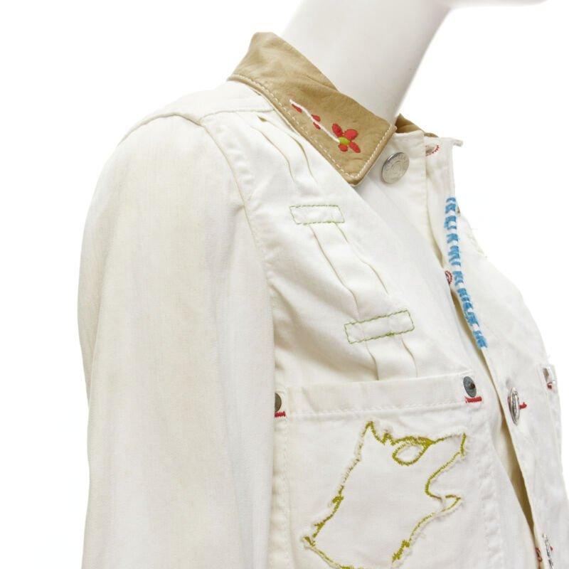 DSQUARED2 Vintage white tent embroidery leather collar denim jacket IT38 XS 3