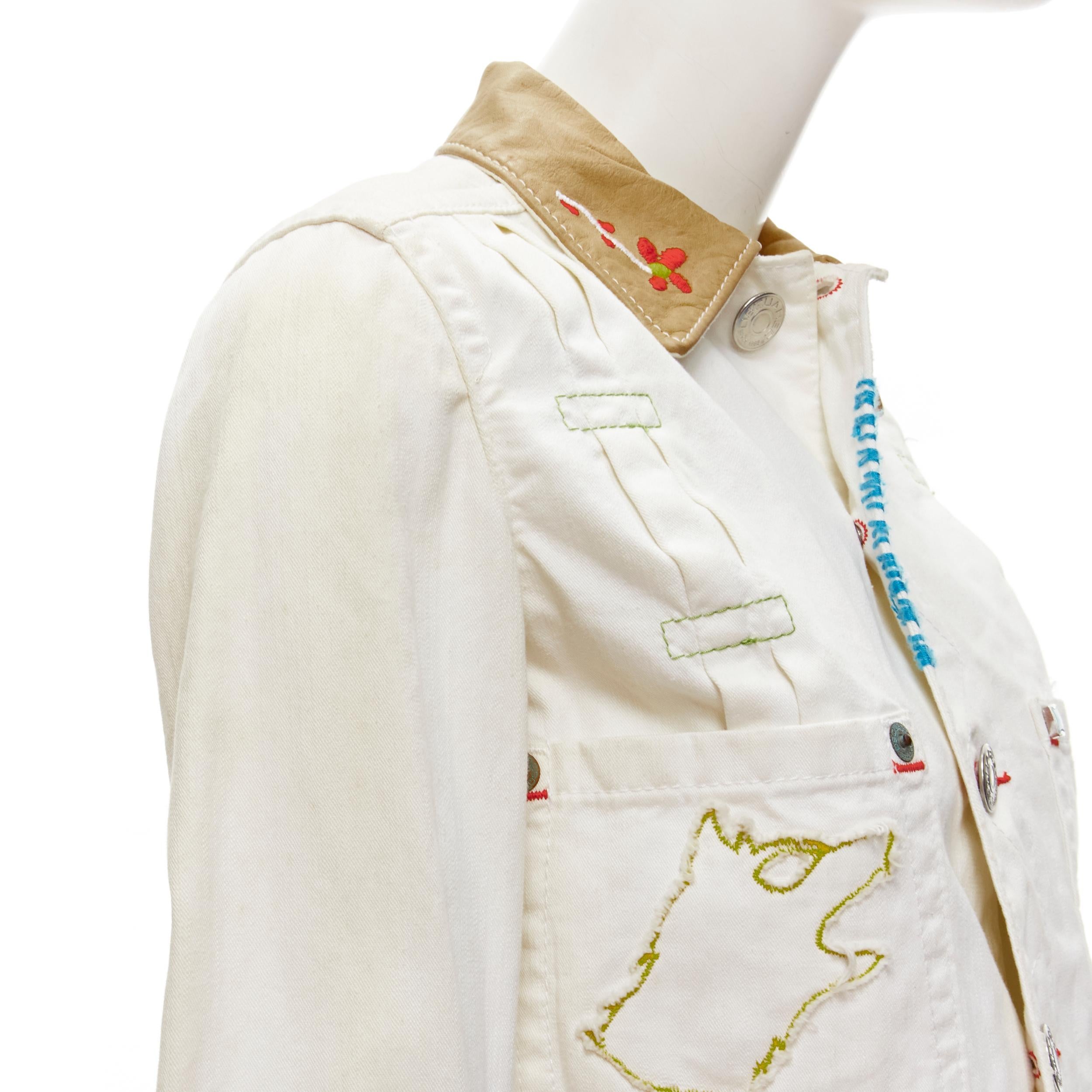DSQUARED2 Vintage white tent embroidery leather collar denim jacket IT38 XS For Sale 3
