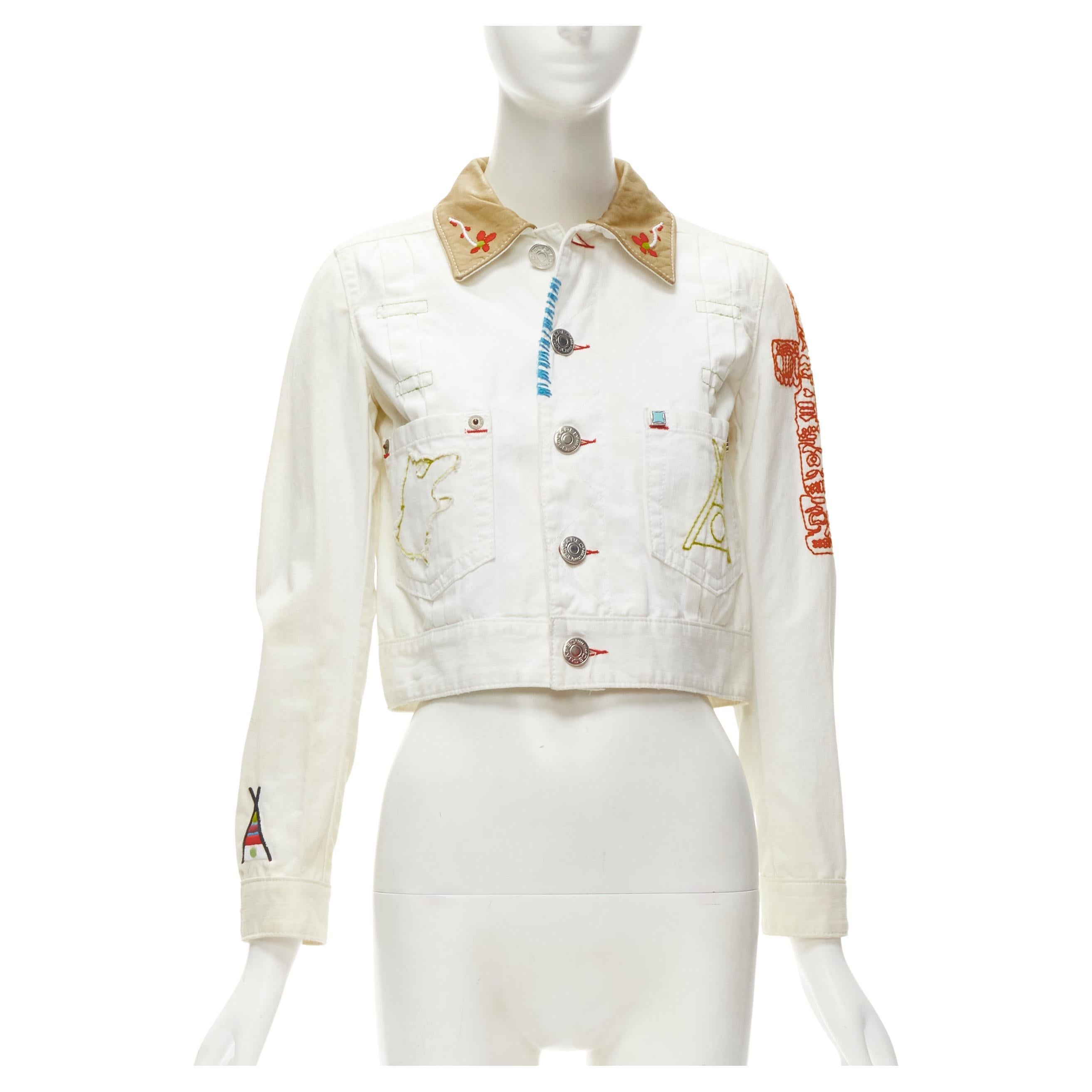 DSQUARED2 Vintage white tent embroidery leather collar denim jacket IT38 XS For Sale