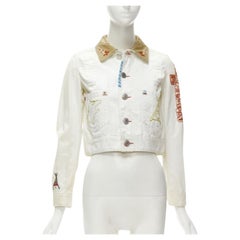 DSQUARED2 Vintage white tent embroidery leather collar denim jacket IT38 XS