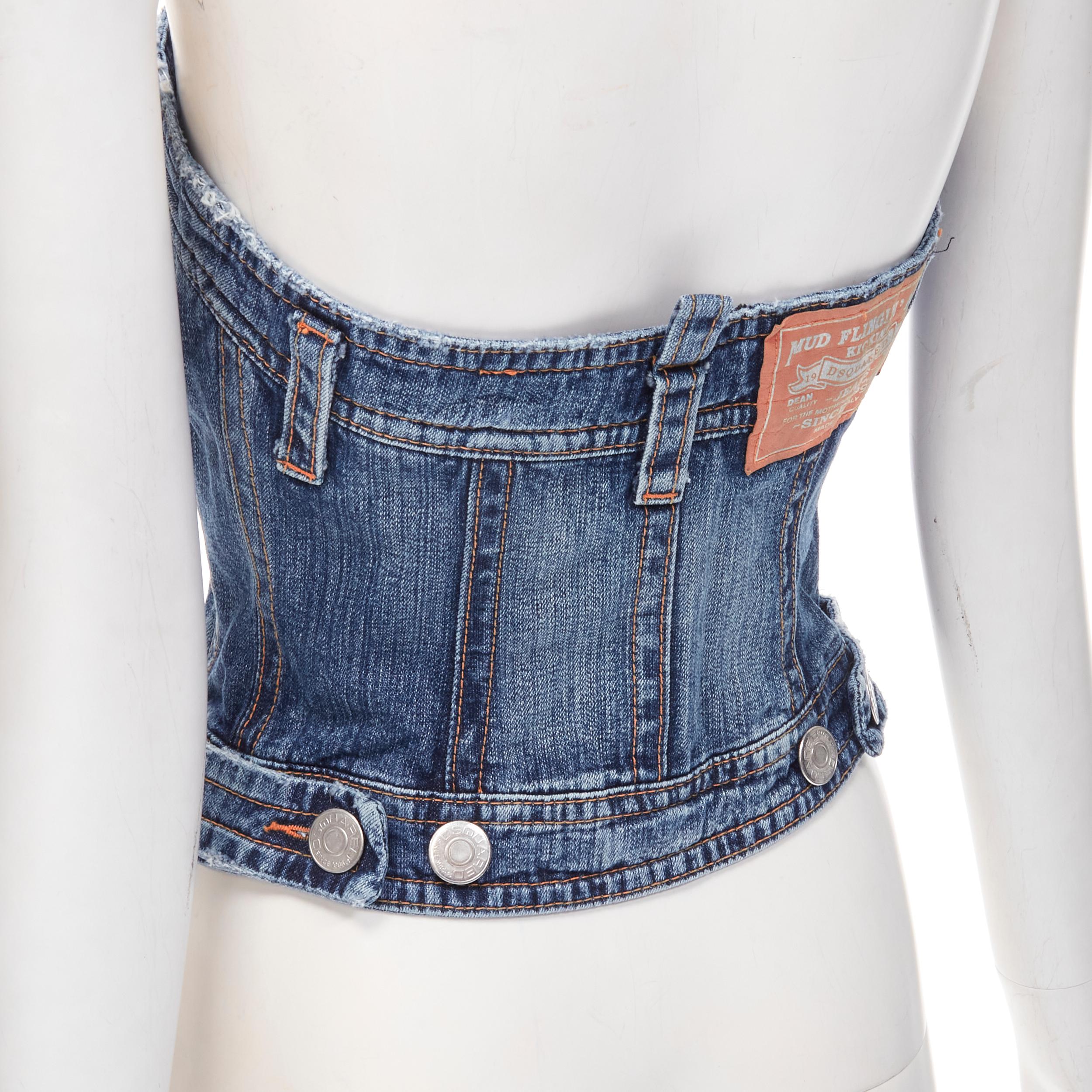 DSQUARED2 Vintage Y2K blue washed denim boned corset bustier top IT38 Xs 
Reference: ANWU/A00625 
Brand: Dsquared2 
Material: Denim 
Color: Blue 
Pattern: Solid 
Closure: Button 
Extra Detail: Silver-tone hardware. Button front closure. Boned corset