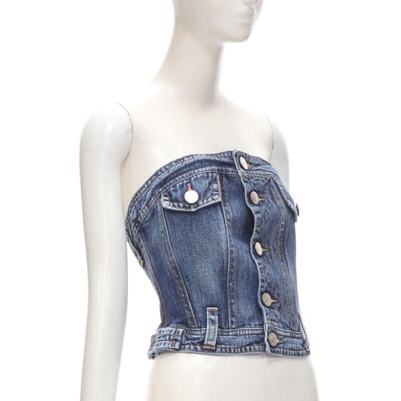 Gris Dsquared2 Vintage Y2K bleu lavé denim désossé bustier top IT38 Xs en vente