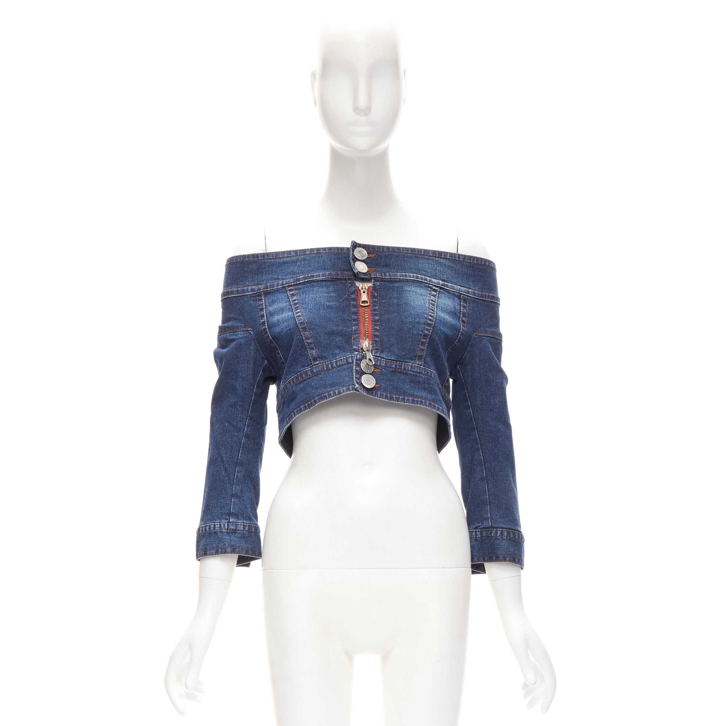 DSQUARED2 Vintage Y2K washed blue denim zip off shoulder cropped top IT40 S 4