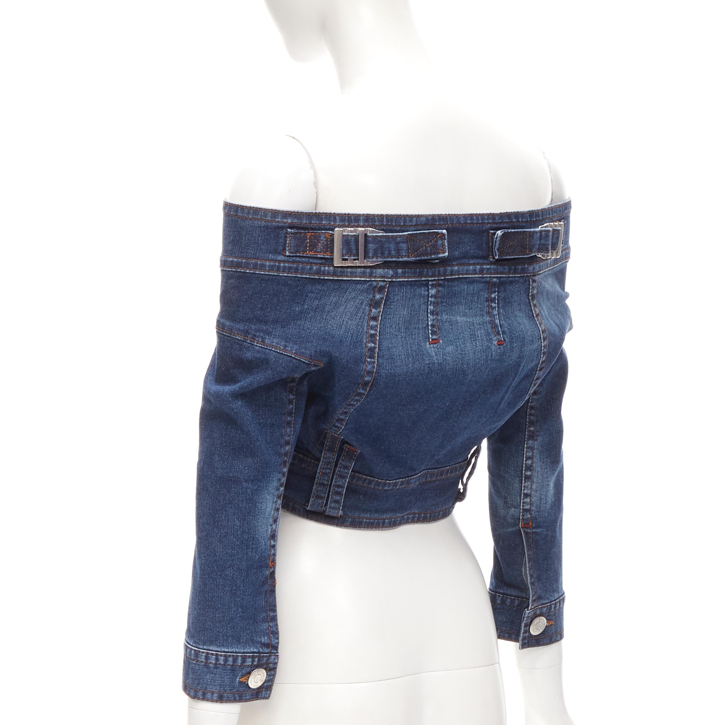 DSQUARED2 Vintage Y2K washed blue denim zip off shoulder cropped top IT40 S In New Condition In Hong Kong, NT