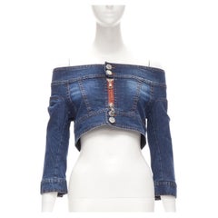 DSQUARED2 Vintage Y2K washed blue denim zip off shoulder cropped top IT40 S