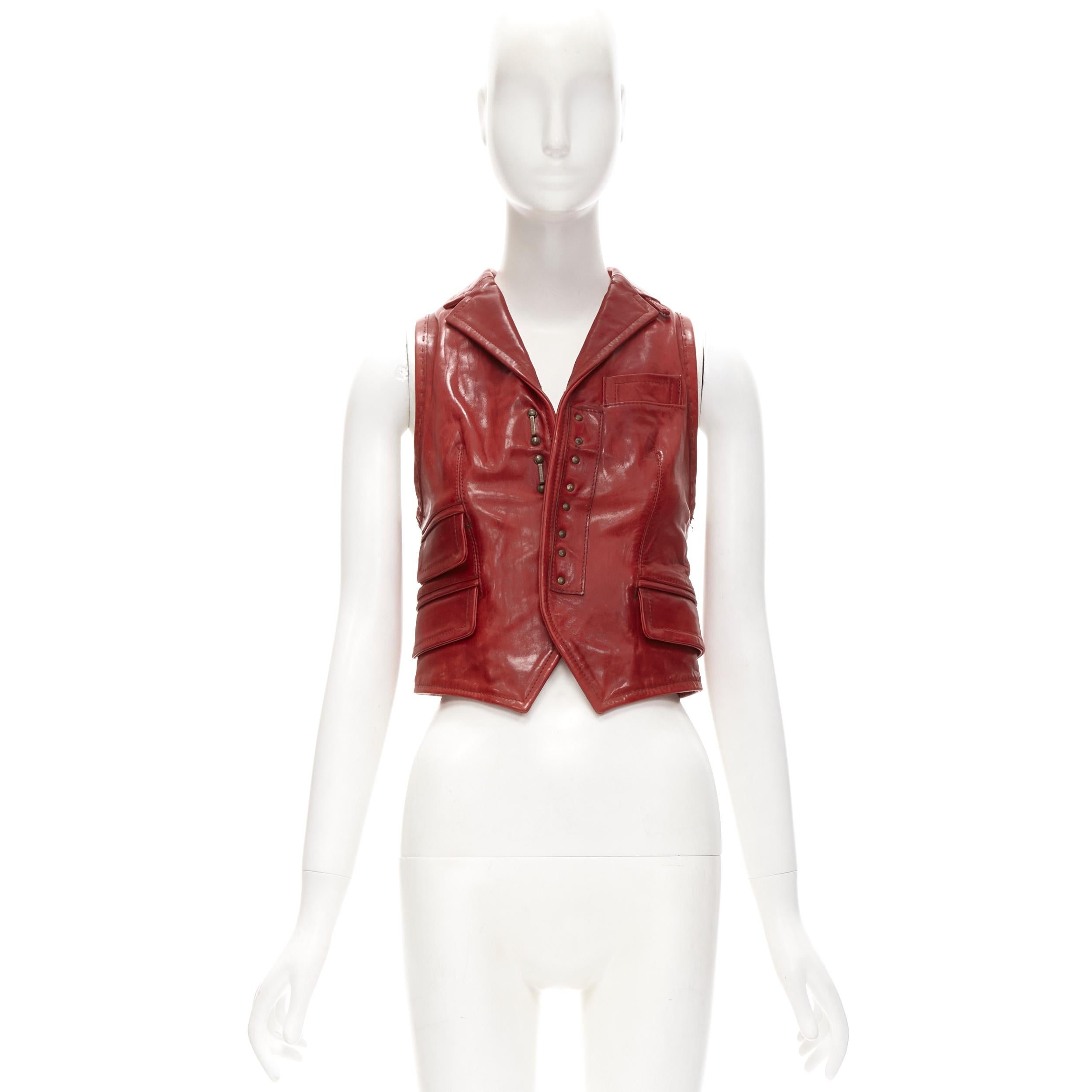 DSQUARED2 Y2K distressed red leather hook bar cropped vest S For Sale 3
