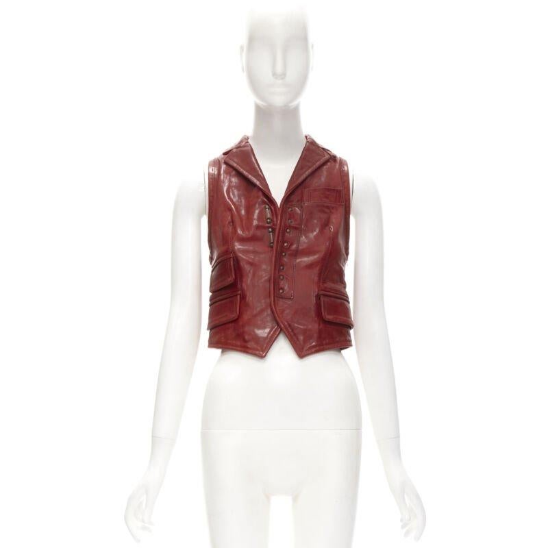 DSQUARED2 Y2K chaleco recortado de cuero rojo envejecido con corchetes S en venta 6