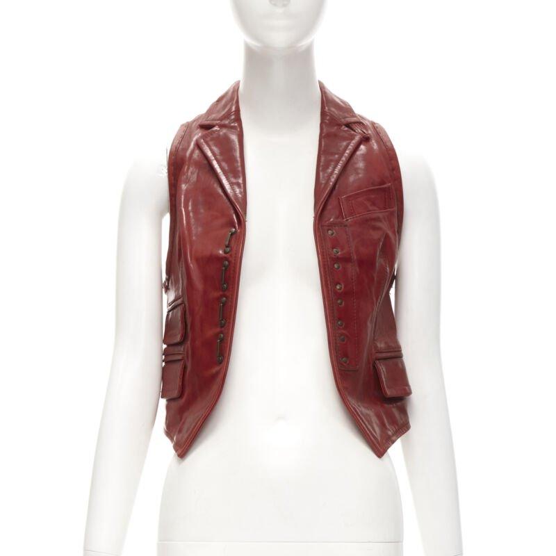 DSQUARED2 Y2K chaleco recortado de cuero rojo envejecido con corchetes S Gris en venta