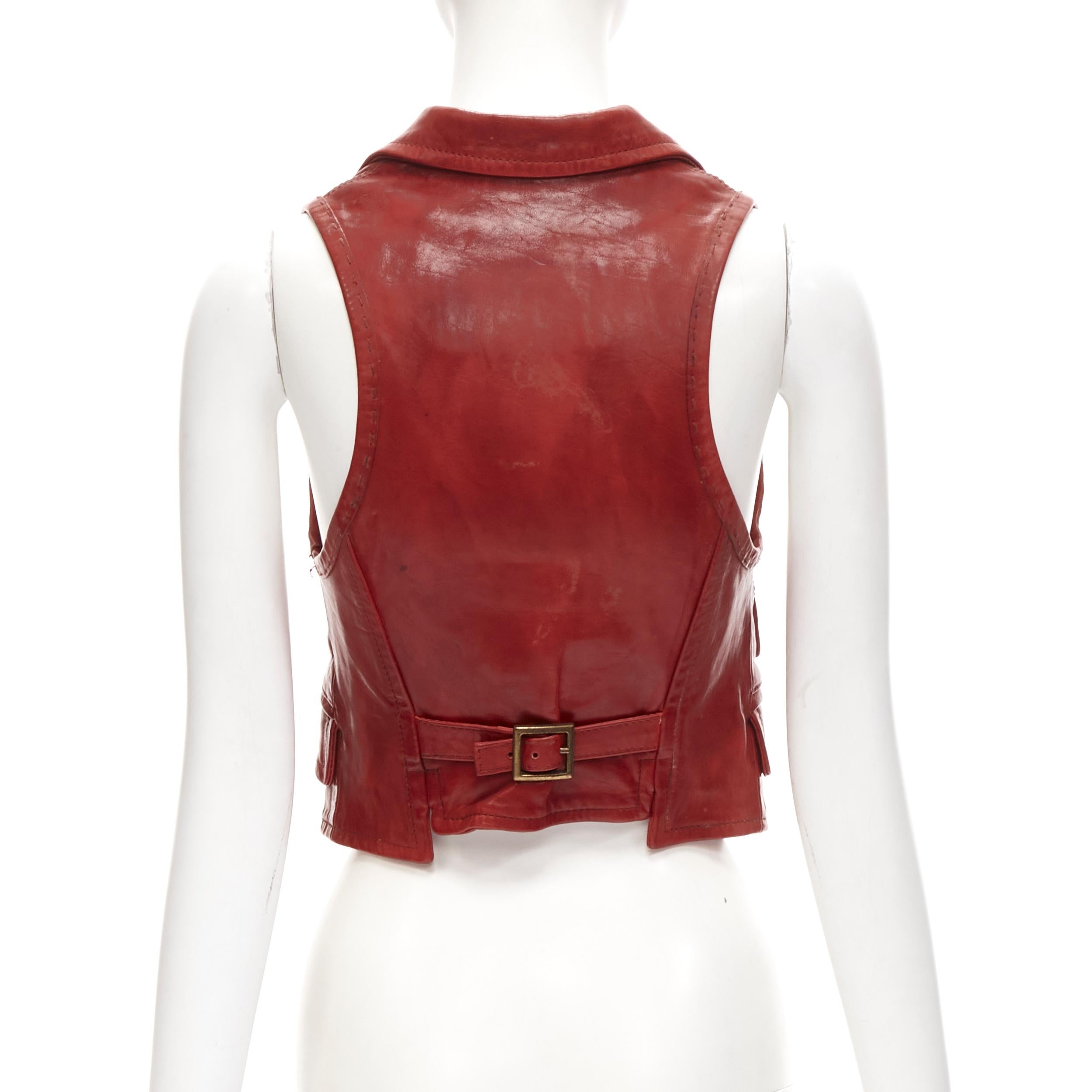 Gray DSQUARED2 Y2K distressed red leather hook bar cropped vest S For Sale