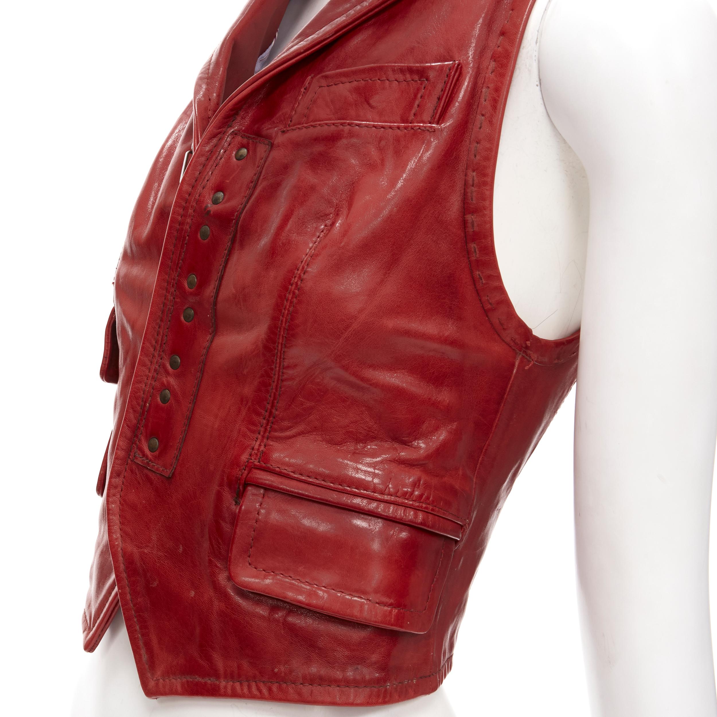 DSQUARED2 Y2K distressed red leather hook bar cropped vest S For Sale 1