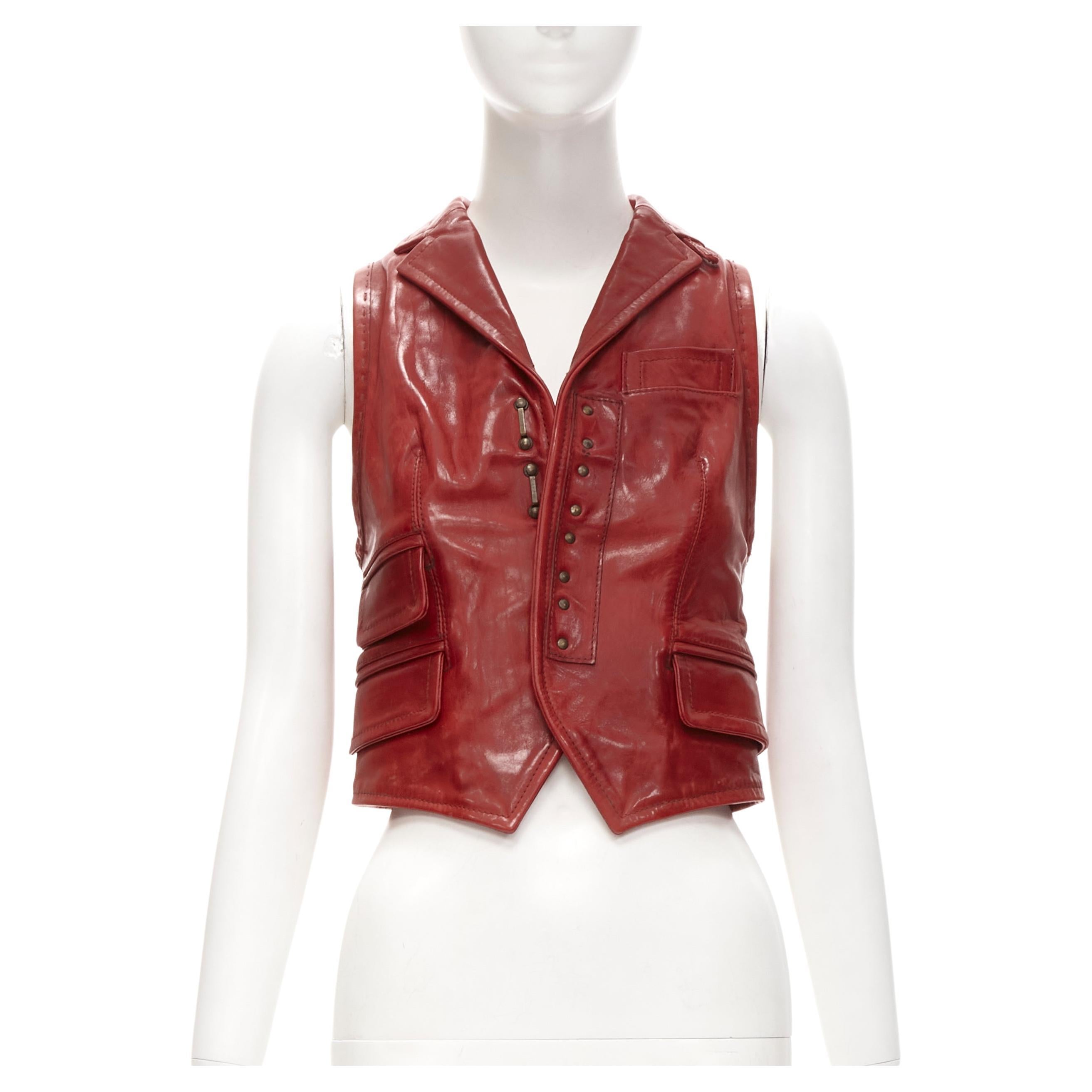 DSQUARED2 Y2K distressed red leather hook bar cropped vest S For Sale