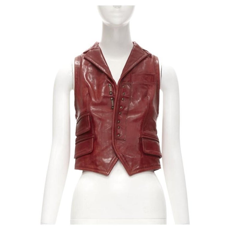 DSQUARED2 Y2K distressed red leather hook bar cropped vest S For