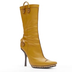 DSQUARED2 yellow leather loop handle gold metal trim platform tall boot EU36.5