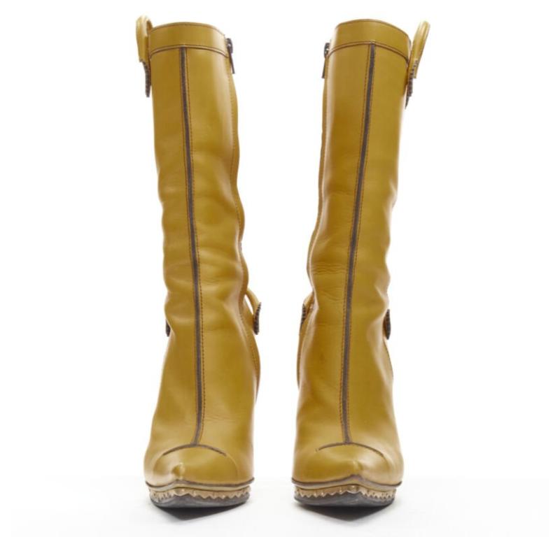 Brown DSQUARED2 yellow leather loop handle gold metal trim platform tall boot EU36.5