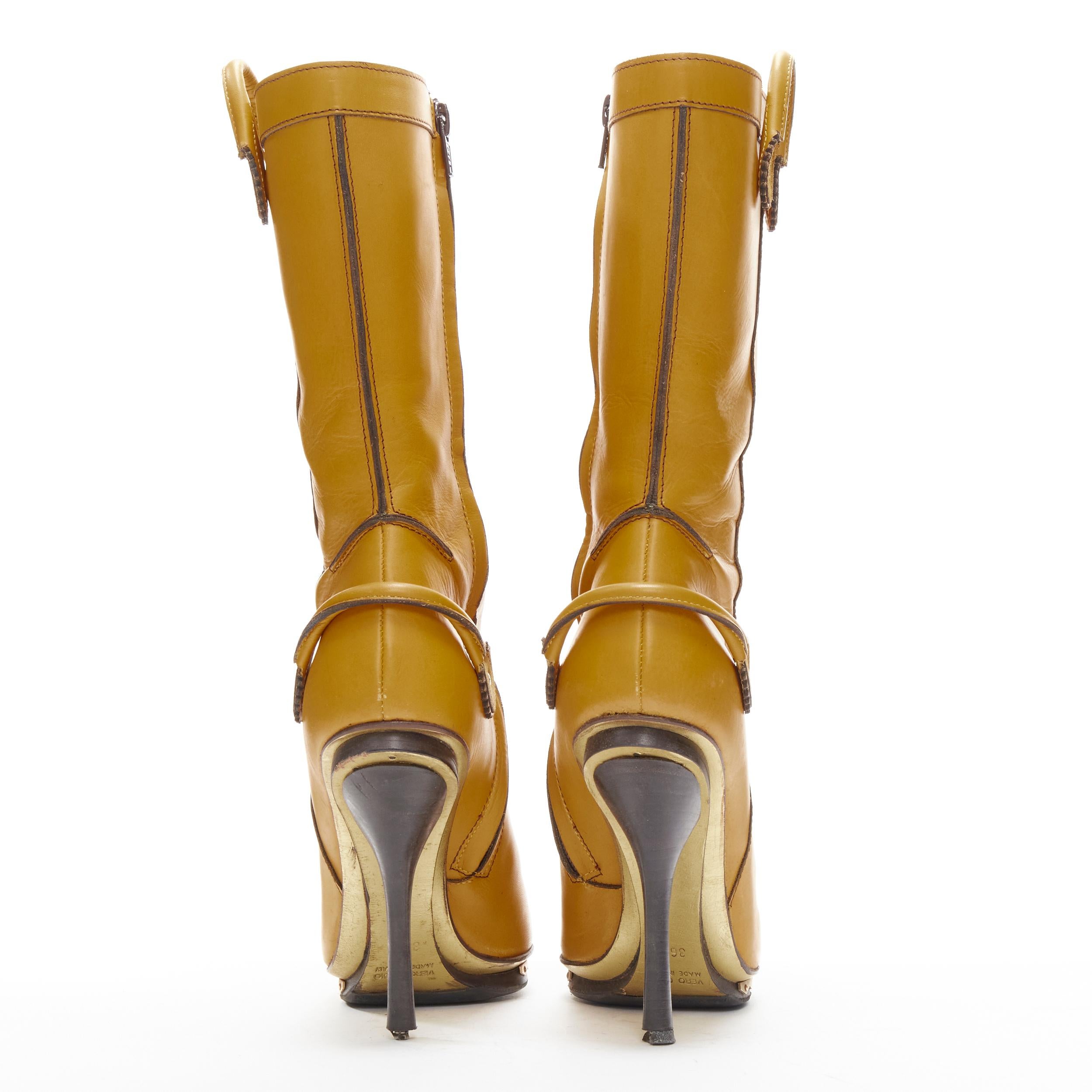 DSQUARED2 yellow leather loop handle gold metal trim platform tall boot EU36.5 In Good Condition In Hong Kong, NT