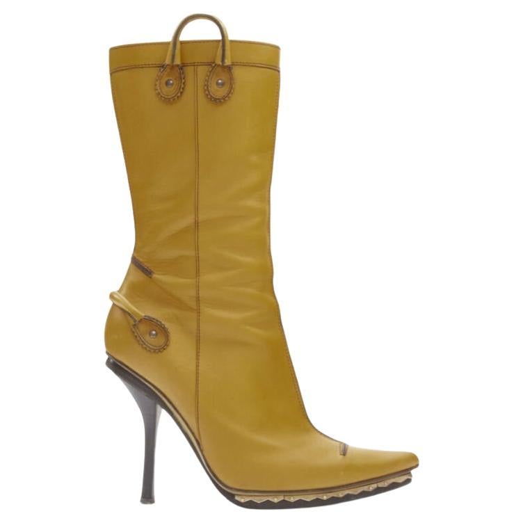 DSQUARED2 yellow leather loop handle gold metal trim platform tall boot EU36.5