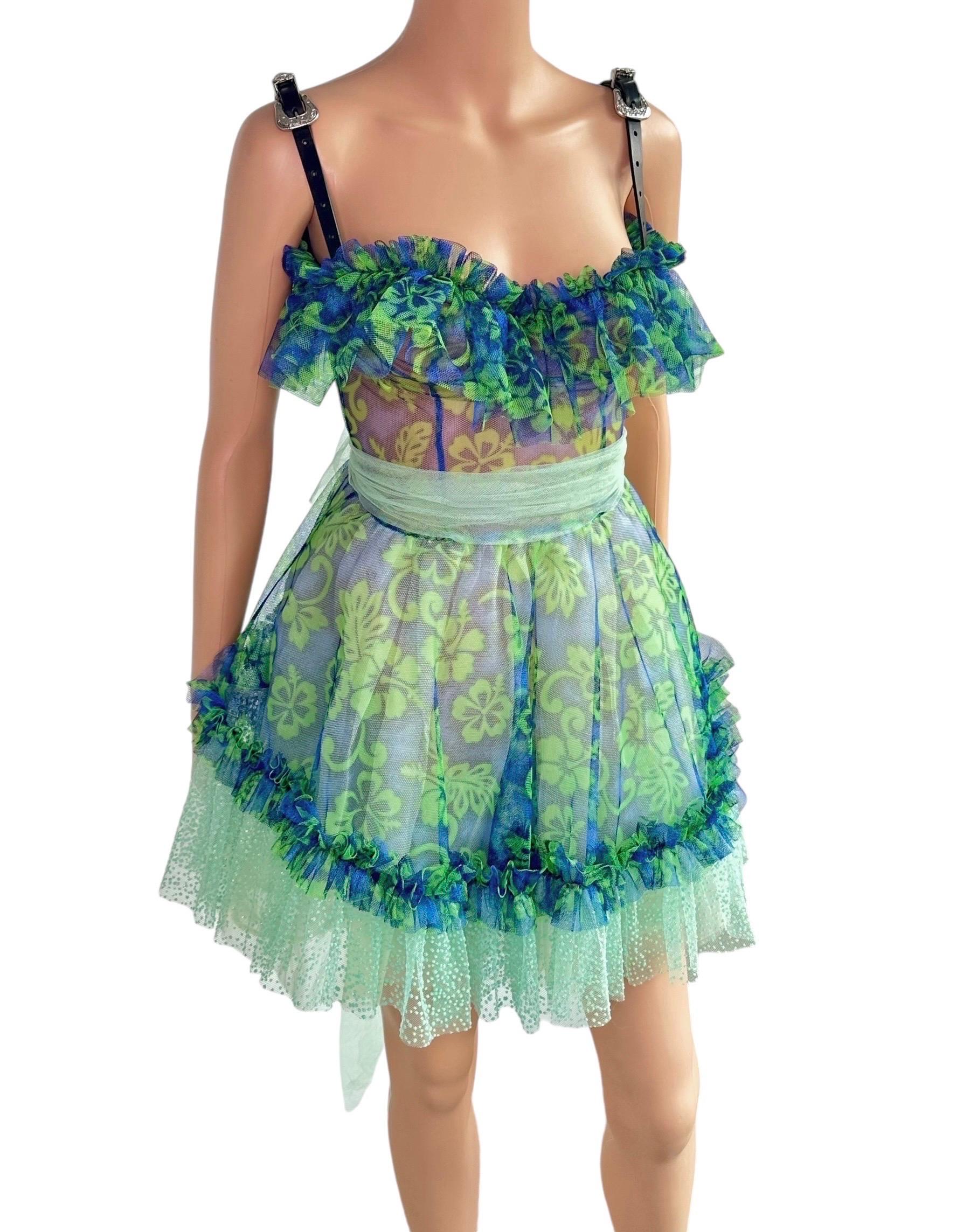 Women's Dsquared2 Unworn S/S 2018 Bustier Corset Sheer Mesh Tulle Leather Buckle Dress For Sale