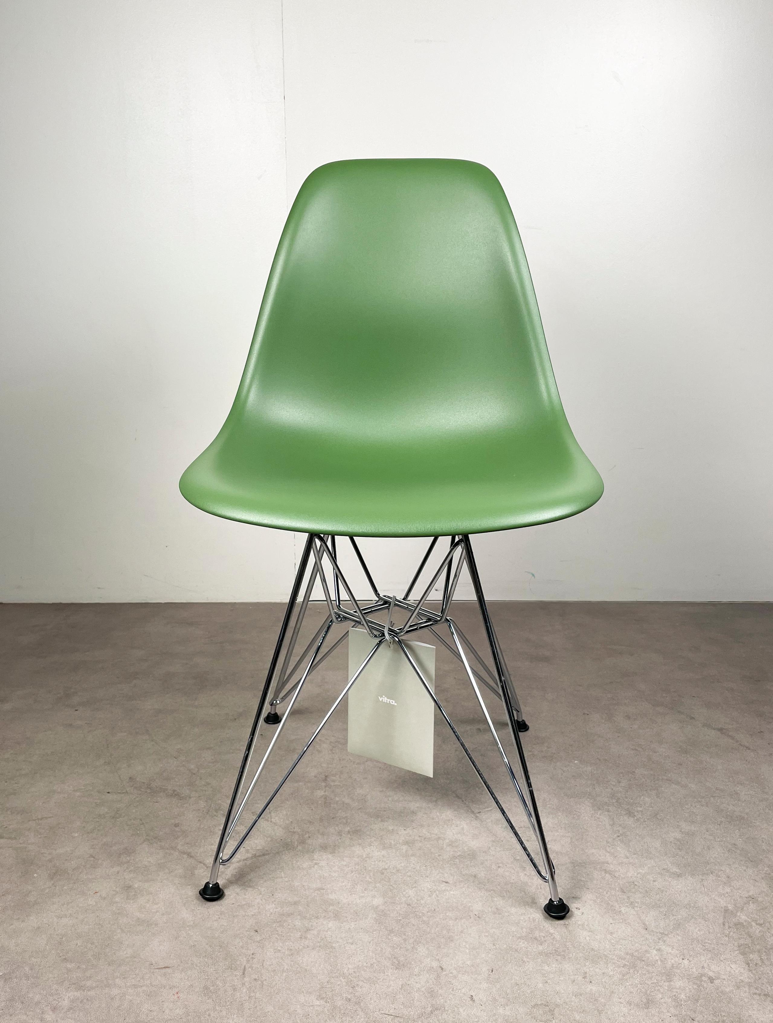 DSR chairs by Vitra are a modern take on the classic Eames Plastic Side Chair design. These chairs are made of molded plastic and feature a sleek, minimalist design that fits well in a variety of contemporary settings. The DSR chairs come in a range
