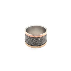 David Tishbi Antiqued Silver With Hammered Rose & Yellow Gold Edges Ring 13mm