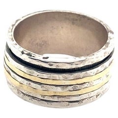 David Tishbi Hammered Sterling Silver & Gold Unisex Spinner Ring 11mm
