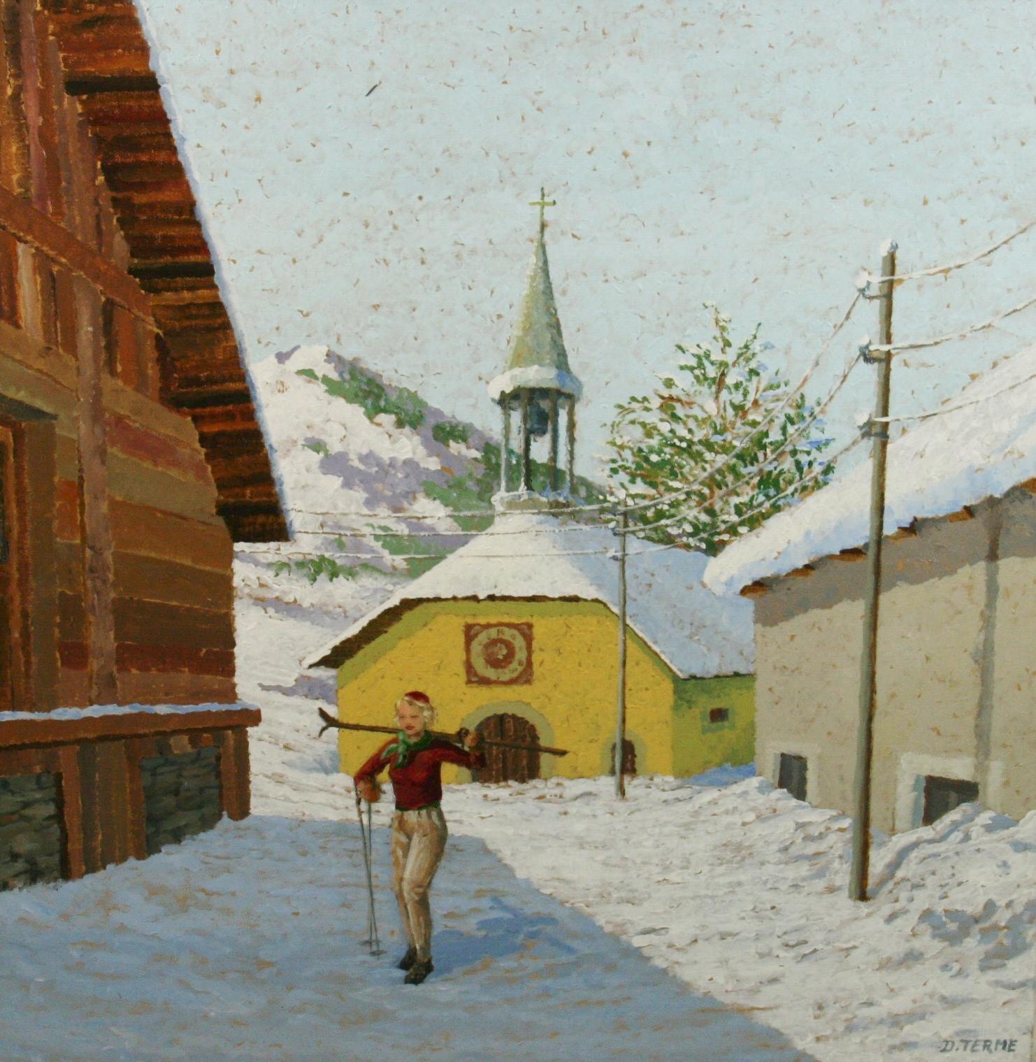 Vintage Skiing in Switzerland Oil on Canvas Off To The Slopes 1970 - Painting by D.Terme