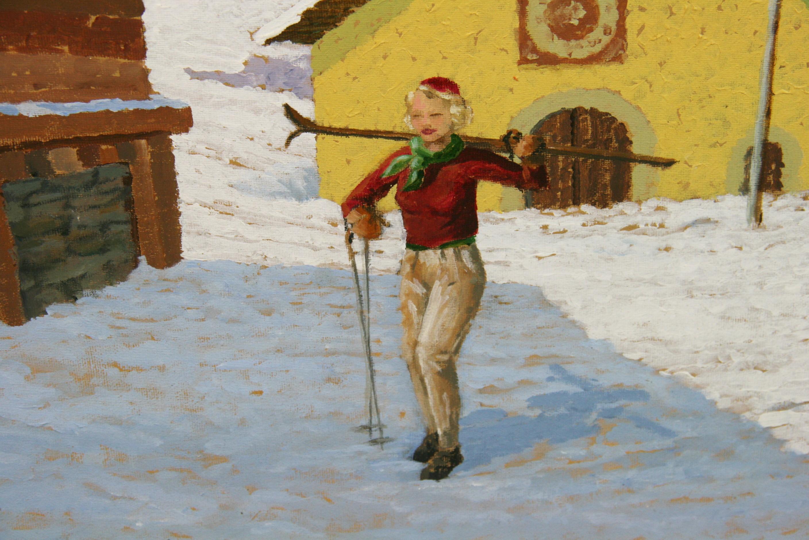 Vintage Skiing in Switzerland Oil on Canvas Off To The Slopes 1970 2