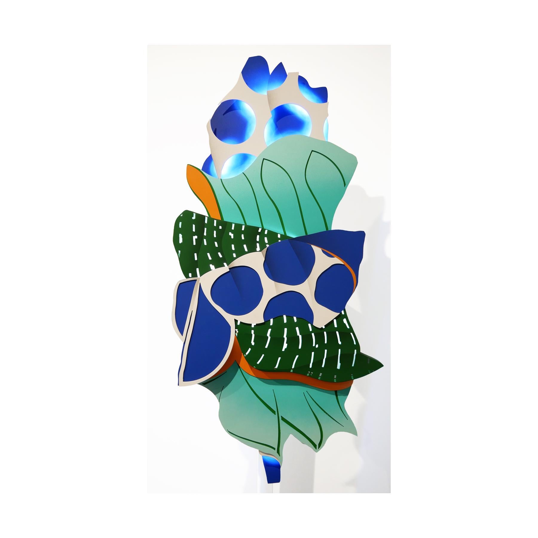 Colorful blue and green toned tropical jungle foliage shaped art lamp by Texas based artists DUAL and Adolfo Esquivel. The work features layers of painted cut steel backlit with a plugin light. Through a blending of an urban subculture aesthetic