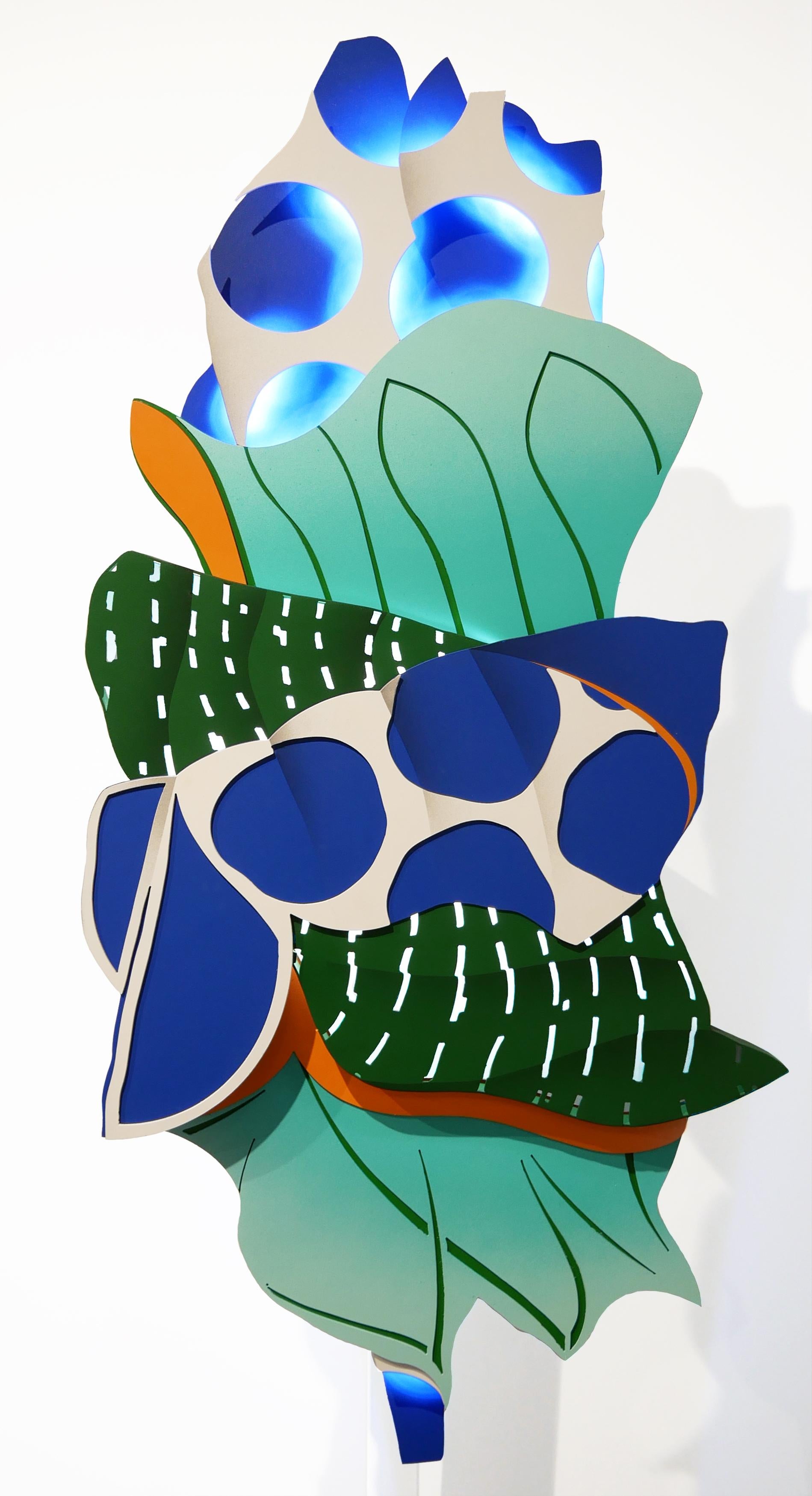 "Blue Dot 2.0" Contemporary Tropical Jungle Foliage Shaped Painted Steel Lamp - Mixed Media Art by DUAL