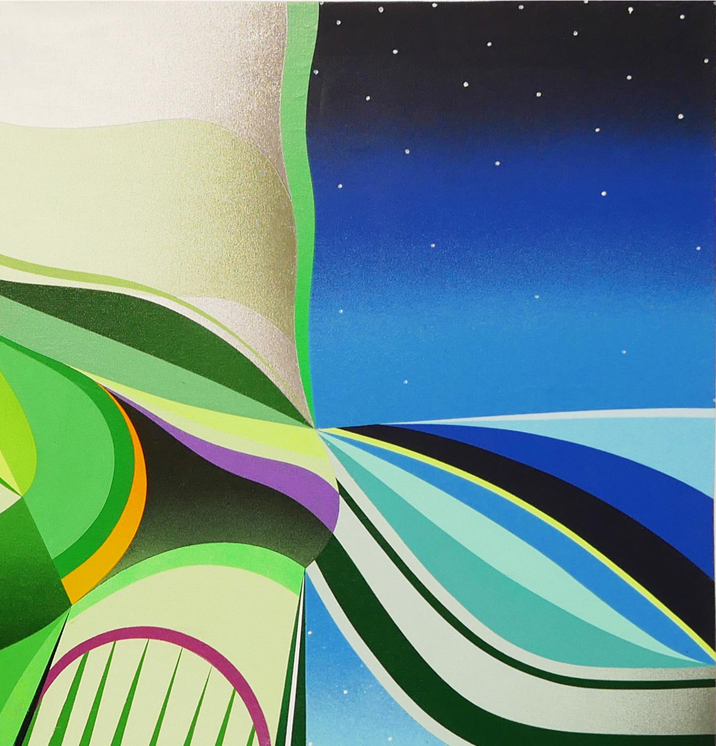 Un dipinto astratto colorato e dai toni gioiello della giungla tropicale realizzato dall'artista texano DUAL. Attraverso la fusione di un'estetica da sottocultura urbana con la ricca diversità della foresta pluviale, DUAL incoraggia lo spettatore a