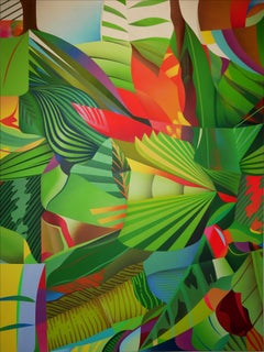 "Jungle Vision (Left)" Contemporary Tropical Jungle Foliage Abstract Painting