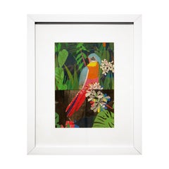 "Macawww!" Contemporary Tropical Jungle Mixed Media Abstract Bird Collage