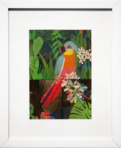 "Macawww!" Contemporary Tropical Jungle Mixed Media Abstract Bird Collage